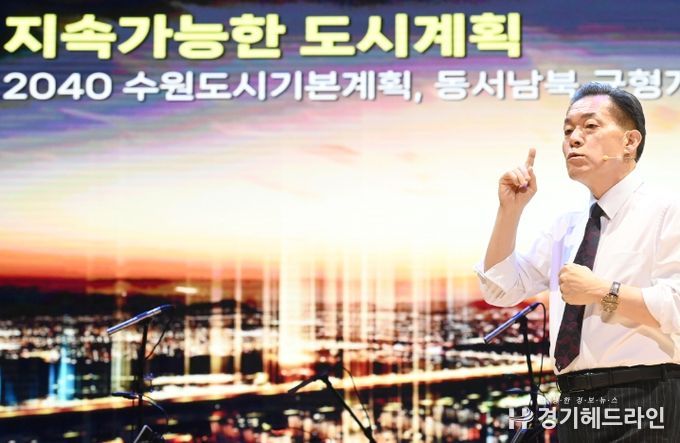 지난 2일 수원시 시무식에서 이재준 수원특례시장이 2023년 주요업무와 시정 방향을 설명하고 있다.