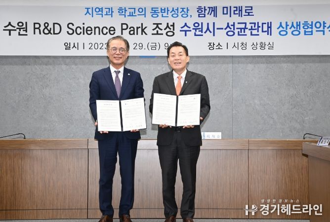 이재준 수원특례시장(오른쪽)과 유지범 성균관대 총장이 협약 후 함께하고 있다.