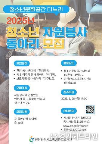 인천광역시교육청중앙도서관,다누리에서 활동할 청소년 자원봉사 동아리 회원 모집