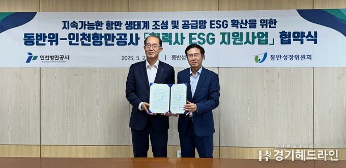 업무협약을 체결하고 기념촬영을 하고 있다(좌측 인천항만공사 김순철 경영부문 부사장, 우측 동반성장위원회 박치형 운영처장)
