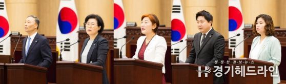 안산시의회가 27일 제297회 제1차 정례회 제2차 본회의를 열고 시정질문과 5분 자유발언을 실시했다. 사진 왼쪽부터 차례대로 이날 시정질문에 임한 한명훈 박은경 의원, 5분 자유발언을 진행한 현옥순 최찬규 박은정 의원의 모습.