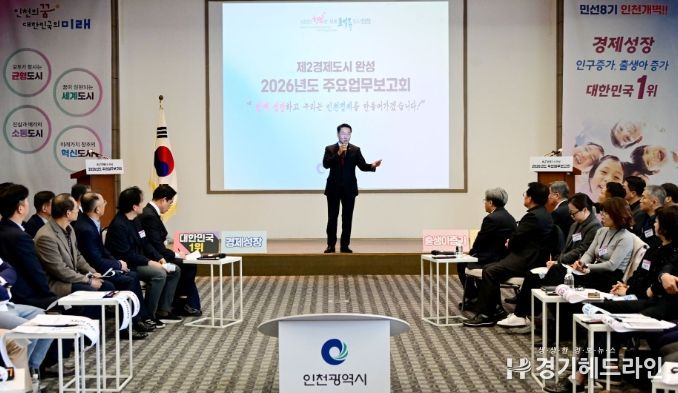 유정복 인천광역시장이 18일 연수구 미추홀타워에서 열린 '2026년도 주요업무보고회(제2경제도시 완성)'에서 시정운영방향을 설명하고 있다.