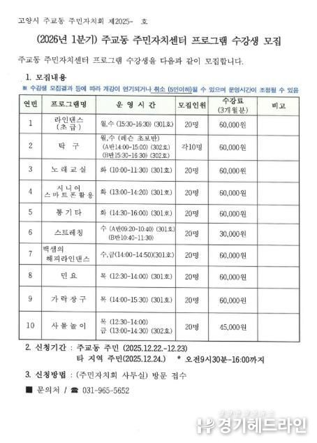 고양시 주교동, 2026년 1분기 주민자치센터 문화강좌 수강생 모집
