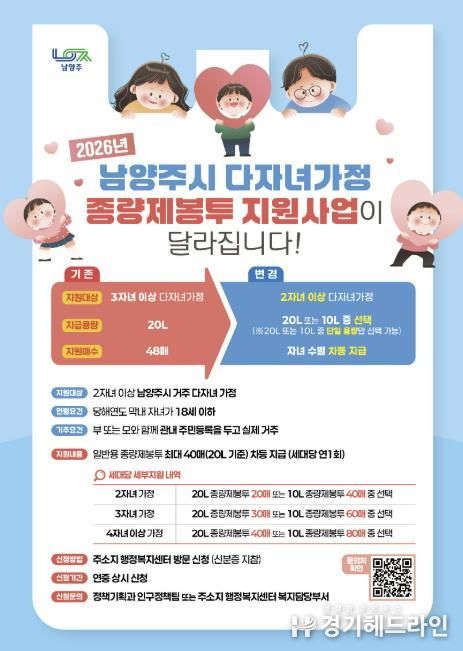 남양주시, 다자녀가정 종량제봉투 지원사업 대상 2자녀 이상으로 확대