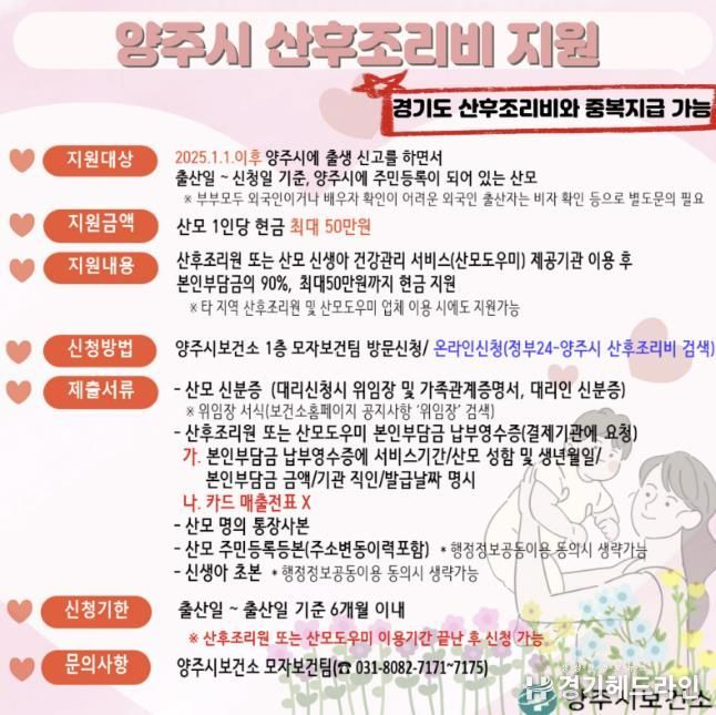 양주시, 출산가정 산후조리비 최대 50만 원 지원