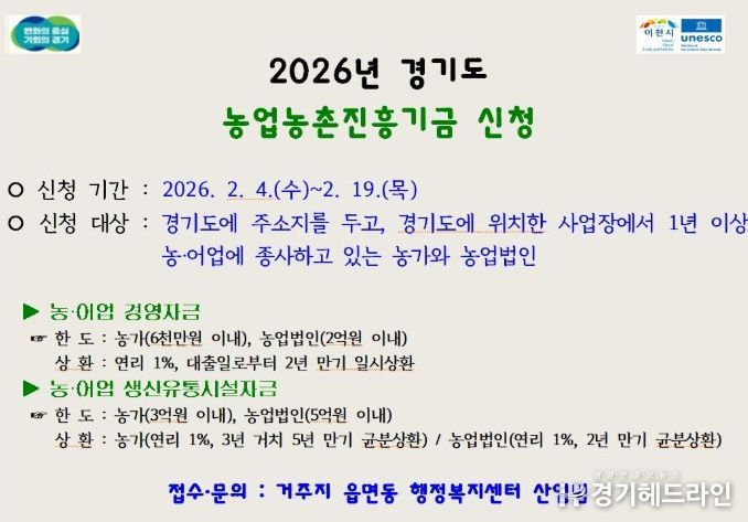 2026년도 경기도 농업농촌진흥기금 지원사업 신청·접수