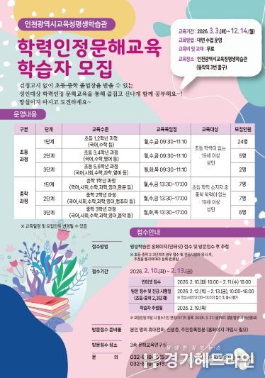 ‘초등·중학 학력인정 문해교육’ 학습자 모집