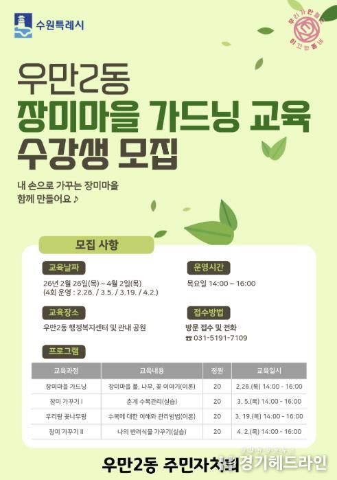 수원시 팔달구 우만2동, 2026년 장미마을 가드닝 교육 수강생 모집