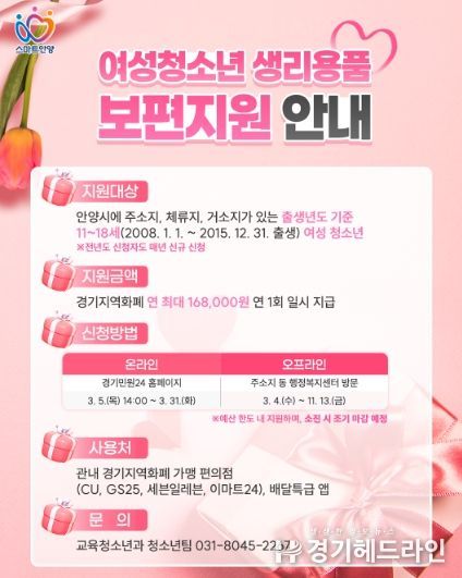 안양시, 여성청소년 생리용품 보편지원…3월 4일부터 접수